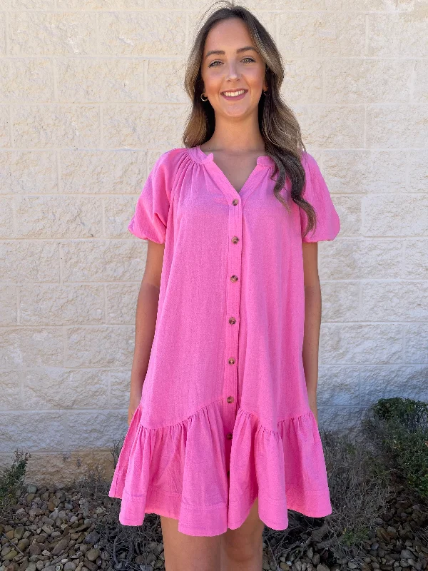 Spin It My Way Pink Button Down Dress