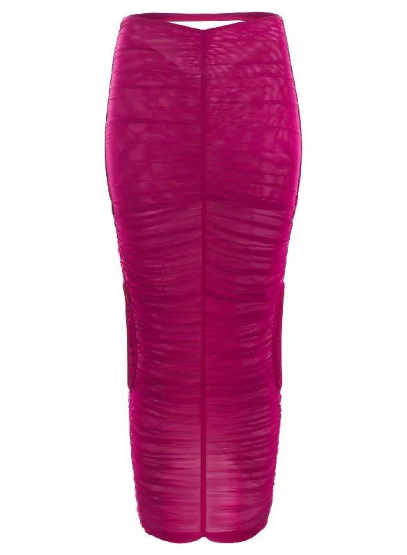 magenta ruched mesh skirt