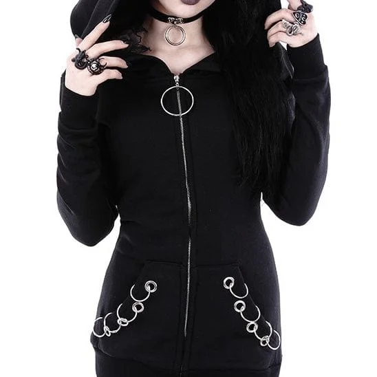 Women's Gothic Metal Rings Zipper Hooded Jackets