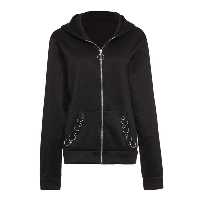 Women's Gothic Metal Rings Zipper Hooded Jackets