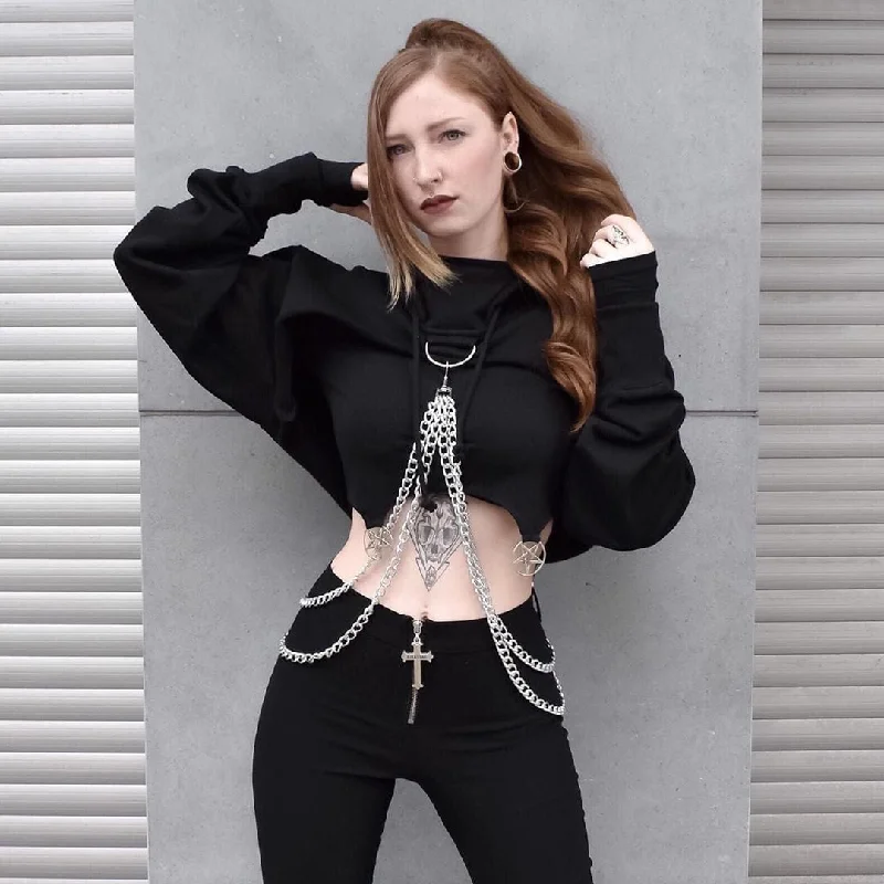 Women's Punk Suspender Black Cropped Hoodies