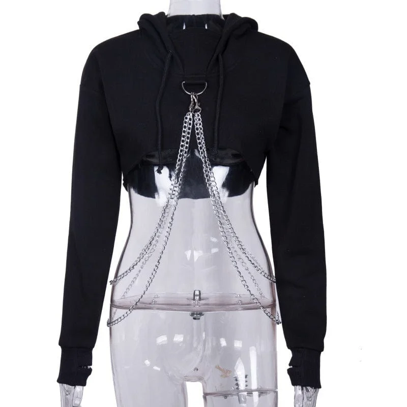 Women's Punk Suspender Black Cropped Hoodies