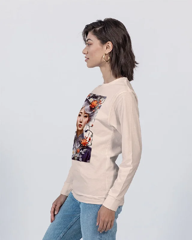 Beautiful Asian woman grey hair blossom Unisex Long Sleeve Tee | Lane Seven