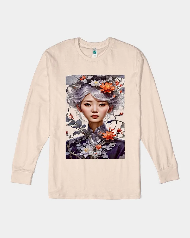 Beautiful Asian woman grey hair blossom Unisex Long Sleeve Tee | Lane Seven