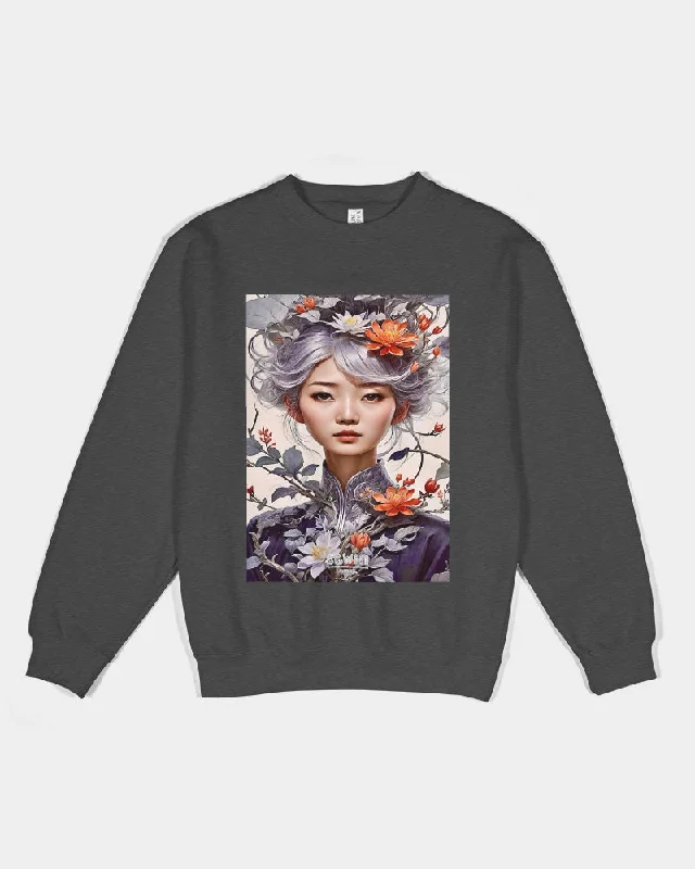 Beautiful Asian woman grey hair blossom Unisex Premium Crewneck Sweatshirt | Lane Seven