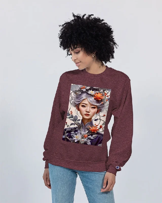 Beautiful Asian woman grey hair blossom Unisex Sweatshirt | Champion