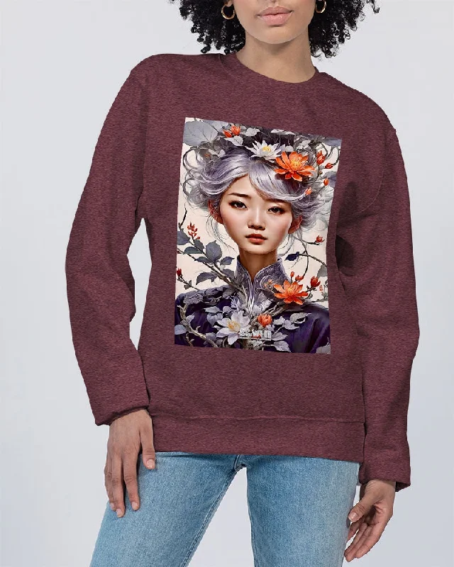 Beautiful Asian woman grey hair blossom Unisex Sweatshirt | Champion