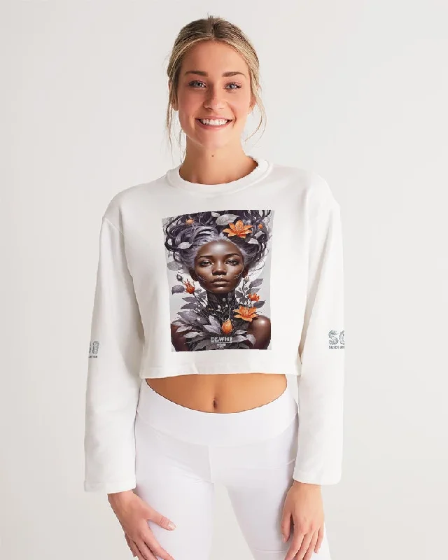 Beautiful black silver grey hair blossom women Women's All-Over Print Cropped Sweatshirt