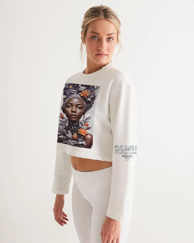 Beautiful black silver grey hair blossom women Women's All-Over Print Cropped Sweatshirt