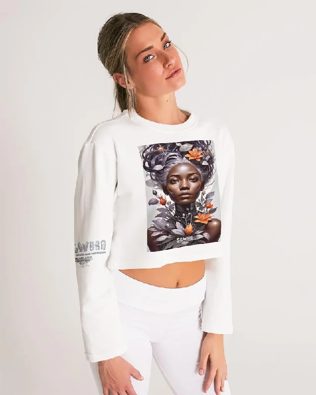 Beautiful black silver grey hair blossom women Women's All-Over Print Cropped Sweatshirt