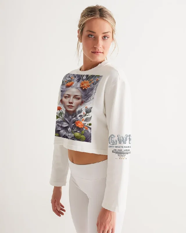 Beautiful white sister grey hair blossom Women's All-Over Print Cropped Sweatshirt