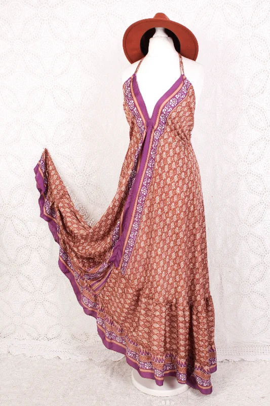 Blossom Maxi Halter Dress - Vintage Indian Sari - Soft Clay & Purple Graphic Print - Free Size