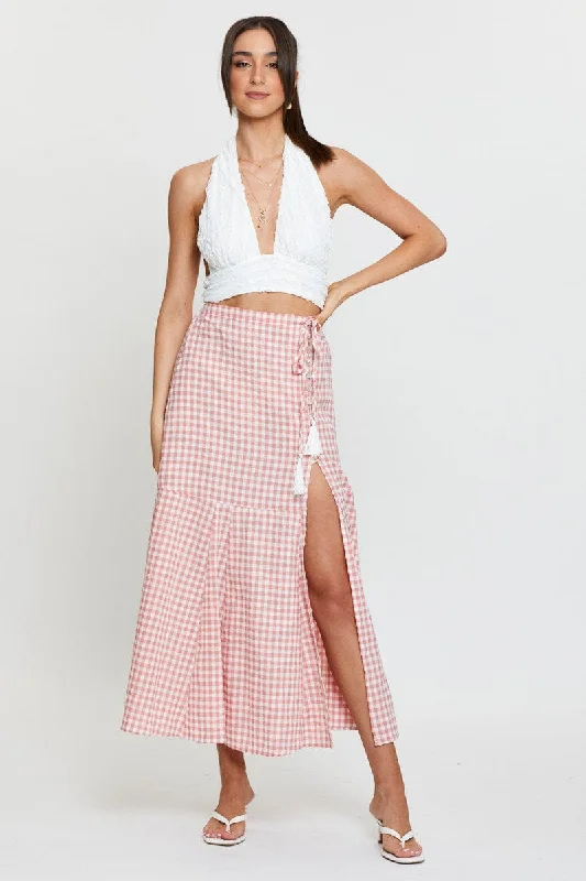 Check Maxi Skirt High Waist Front Split