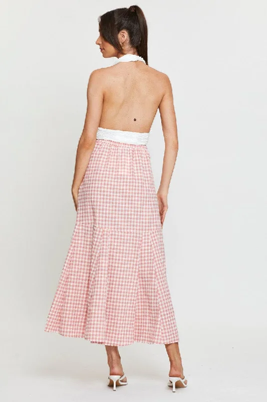 Check Maxi Skirt High Waist Front Split