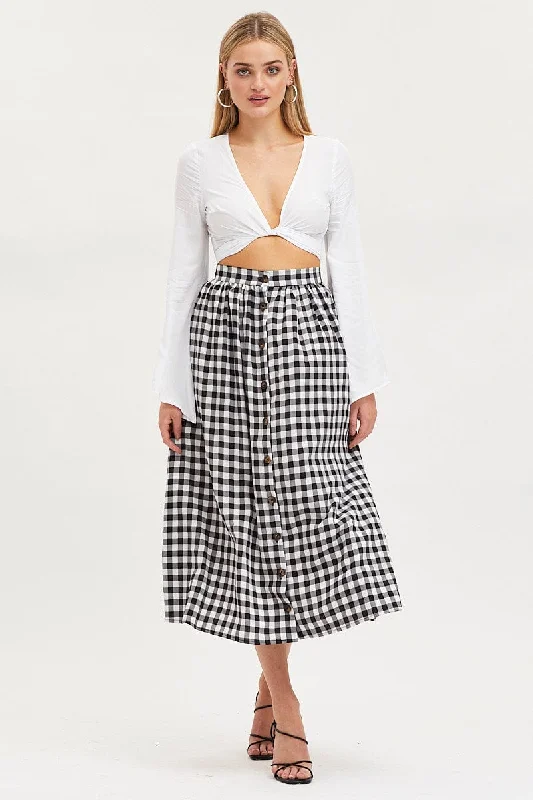 Check Midi Skirt High Rise Button Down