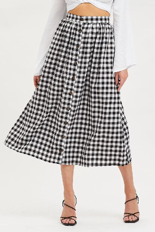 Check Midi Skirt High Rise Button Down