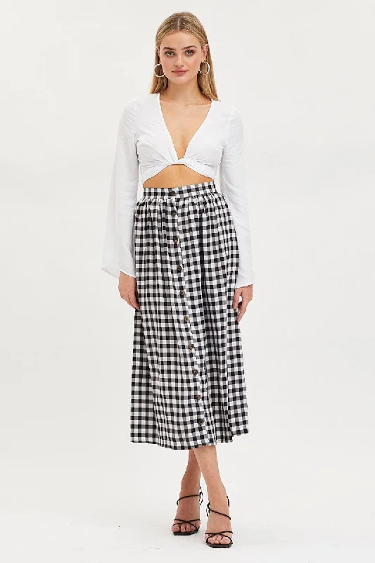 Check Midi Skirt High Rise Button Down