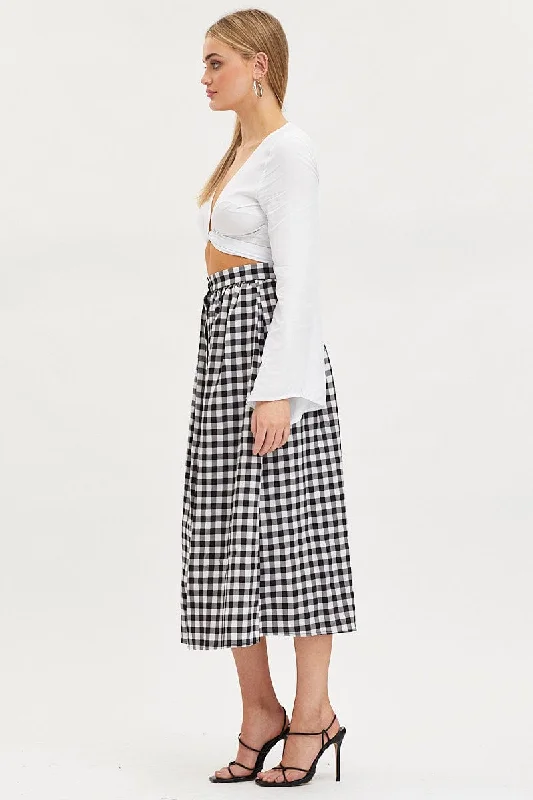 Check Midi Skirt High Rise Button Down