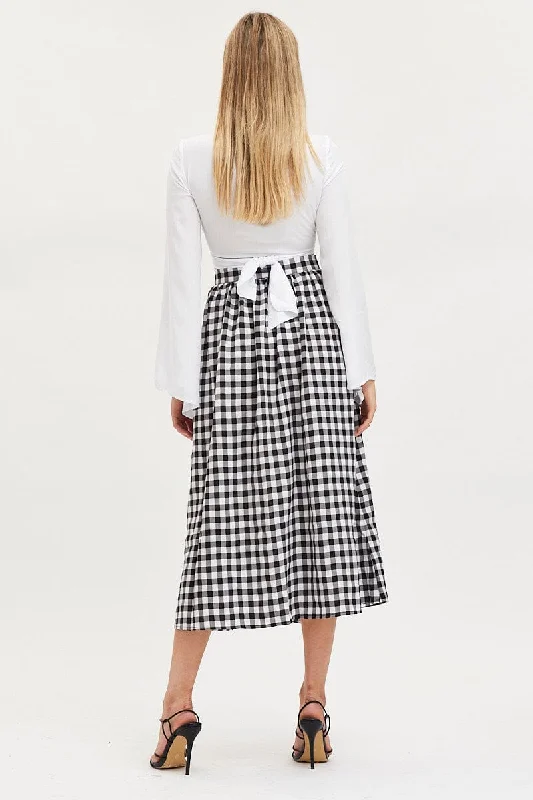 Check Midi Skirt High Rise Button Down