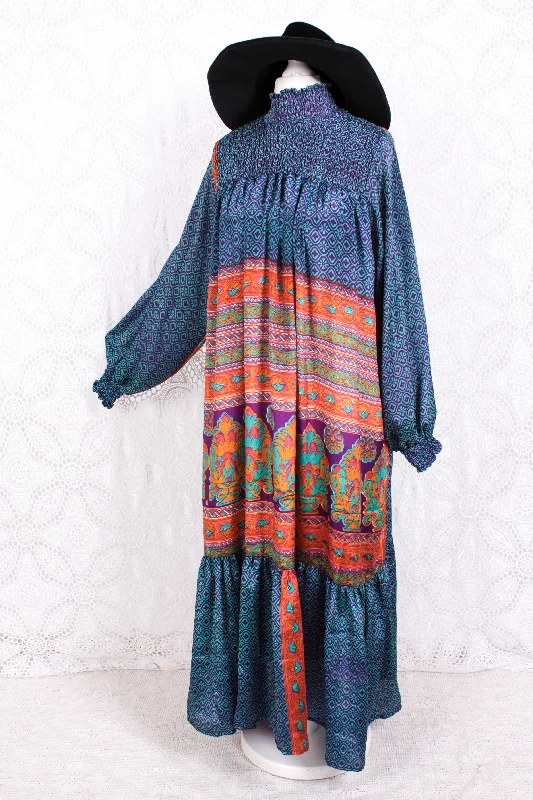 Mona Maxi Dress - Vintage Indian Sari - Violet, Turquoise & Peach Nouveau - Free Size