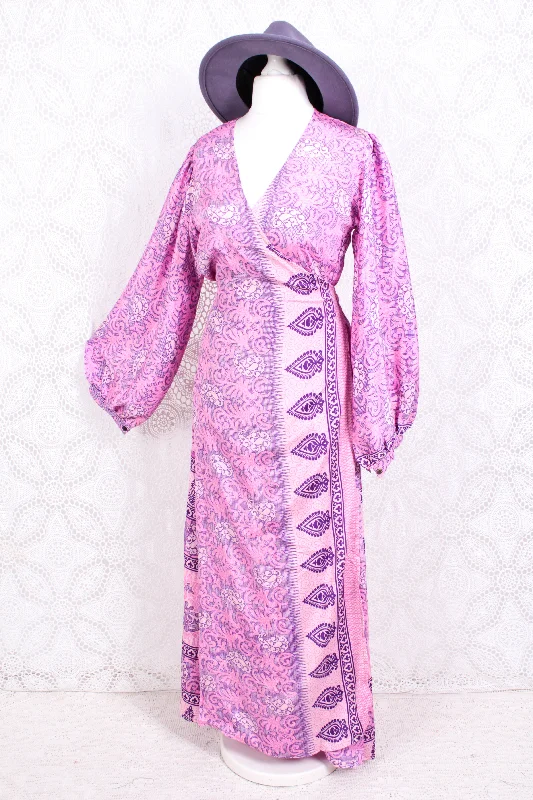 Lola Long Wrap Dress - Vintage Indian Sari - Blush & Violet Art Nouveau - M/L