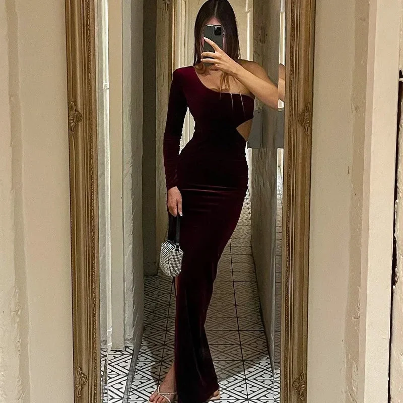 Long Sleeve One Shoulder Velvet Cut Out Side Slit Party Elegant Evening 2024 Maxi Dress Women