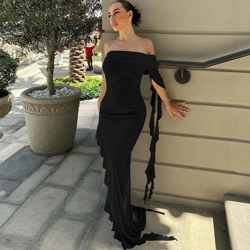 One Shoulder Ruffle Party Evening Birthday Elegant Outfits 2024 Summer Maxi Dress