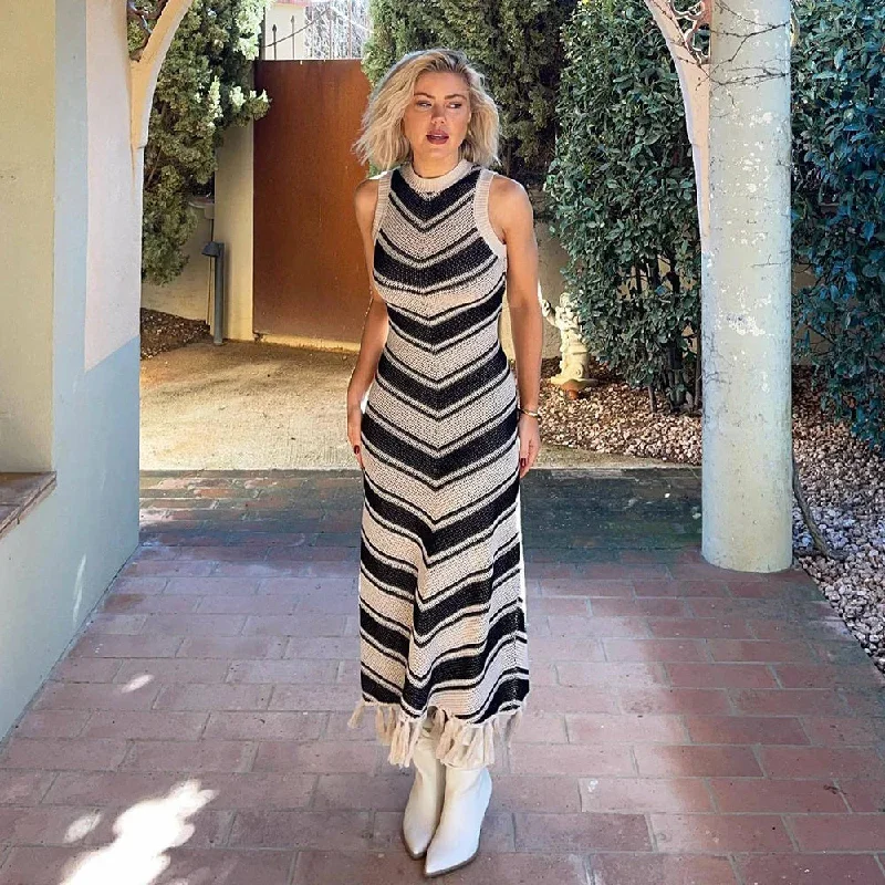 Summer Knitted Tassel Striped Bohemian Stylish Maxi Dress