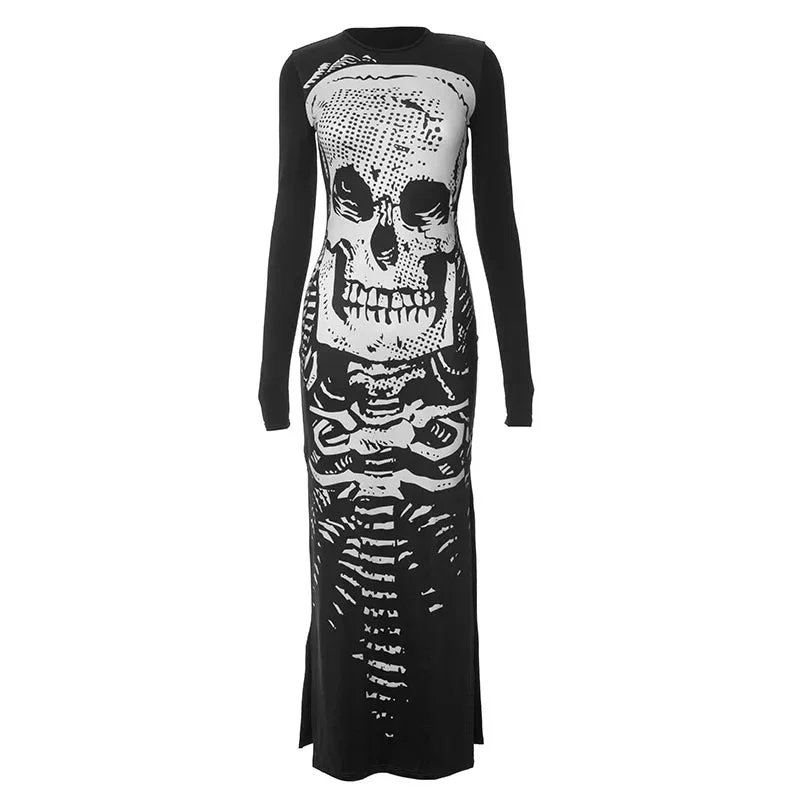 Gothic Skull Bones Skeleton Print O Neck Long Sleeve Split Casual Autumn Streetwear Maxi Dress