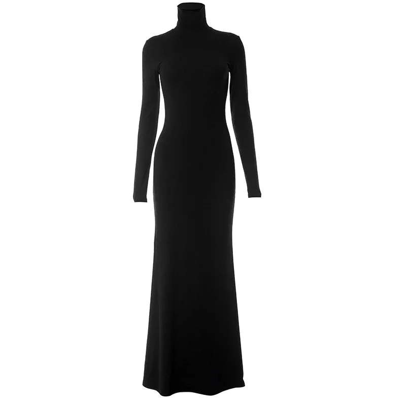 Simple High Collar Long Sleeve Basic Fishtail Prom Occasion Slim Streetwear Black Maxi Dress For Autumn