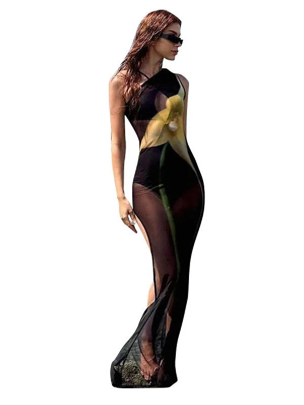 One Shoulder Printed See Through Mesh 2024 Summer High Slit Slim Beach Holiday Sexy Maxi Dress