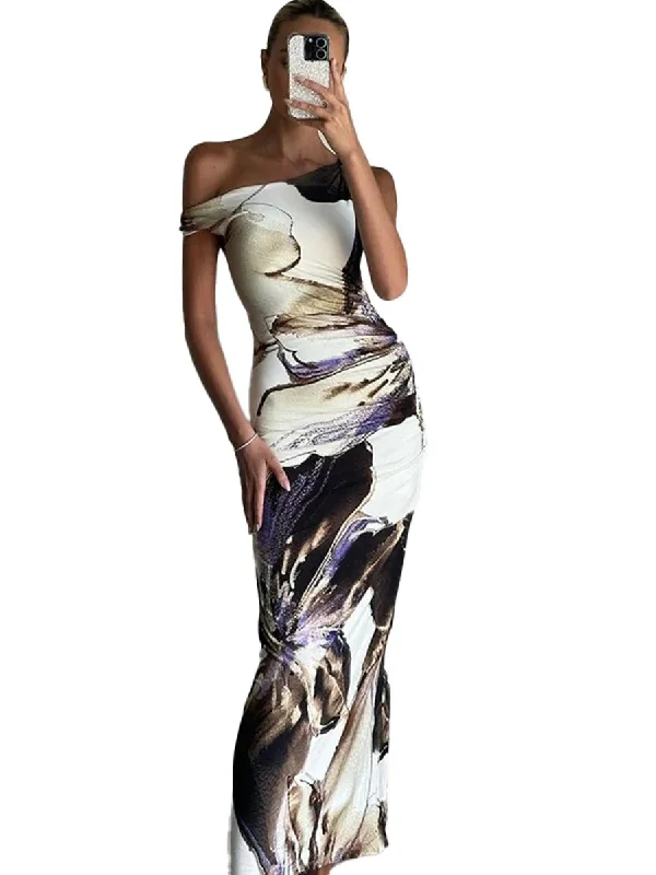 Abstract Floral One Shoulder Elegant Wedding Party Summer Long Dress Women Maxi Dress