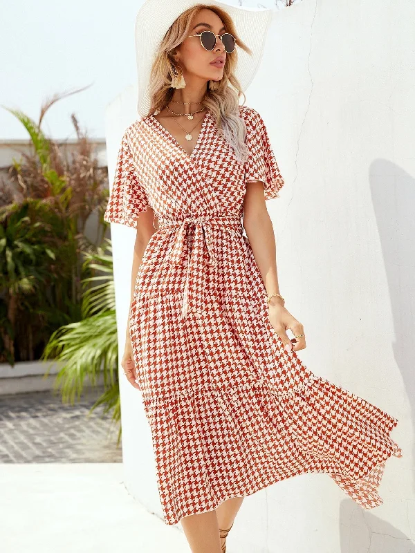 MegaBetty - V-neck Houndstooth Midi Skirt High Waist Dress