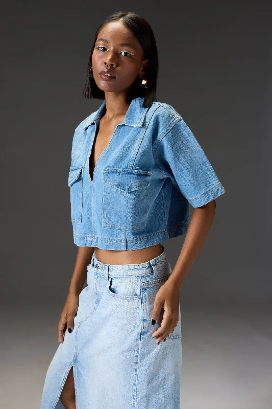 Light Blue Cut And Sew Denim Top