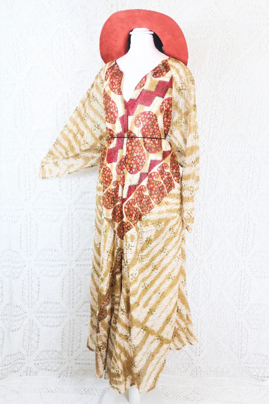 Goddess Dress - Vintage Indian Cotton - Ruby & Beige Paisley - Free Size