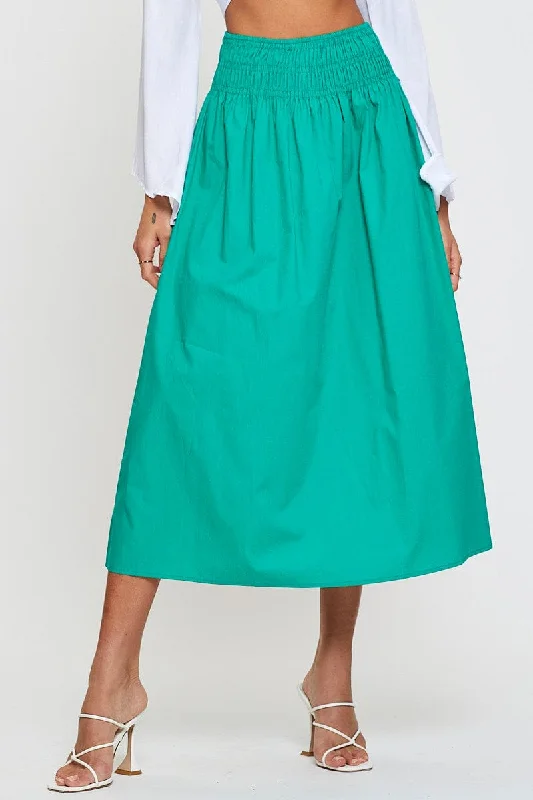 Green Midi Skirt High Rise Shirred Waist