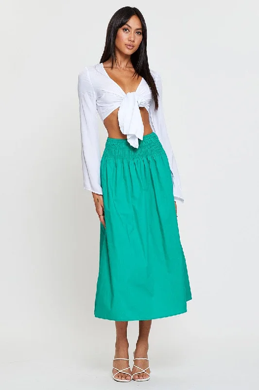 Green Midi Skirt High Rise Shirred Waist