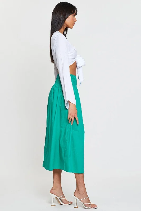 Green Midi Skirt High Rise Shirred Waist