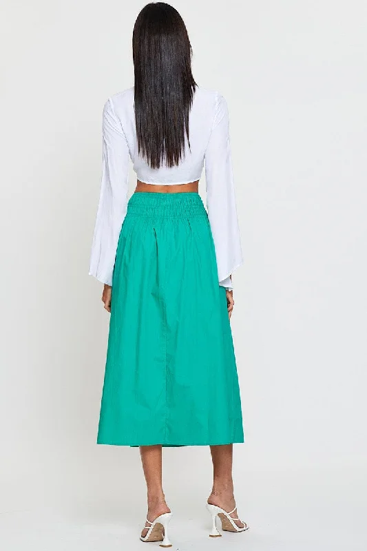 Green Midi Skirt High Rise Shirred Waist