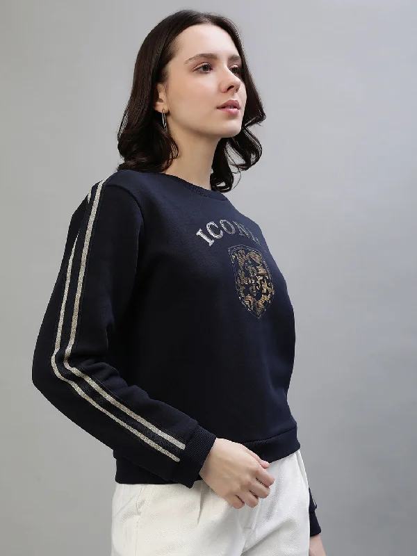 Iconic Women Blue Printed Round Neck Sweatshirt