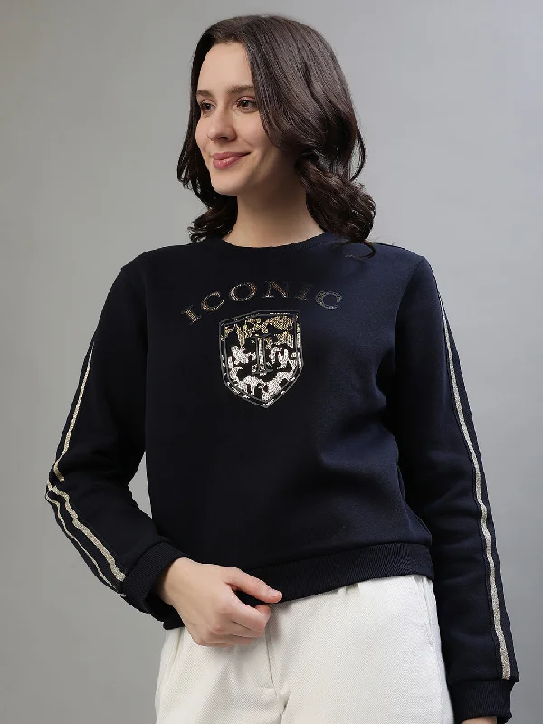 Iconic Women Blue Printed Round Neck Sweatshirt