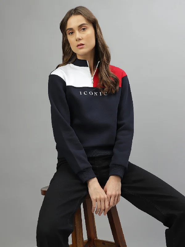 Iconic Women Colour Blocked Stand Collar Full Sleeves Sweatshirt