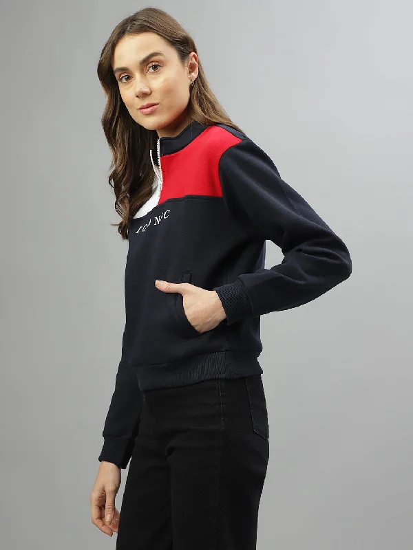 Iconic Women Colour Blocked Stand Collar Full Sleeves Sweatshirt