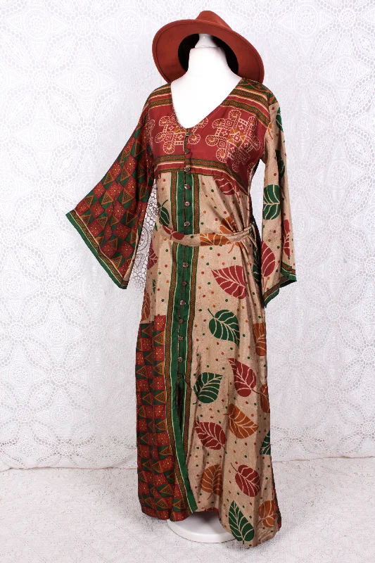 Jasmine Maxi Dress - Forest, Antique Silver & Terracotta Leaf Vintage Sari - Size S/M