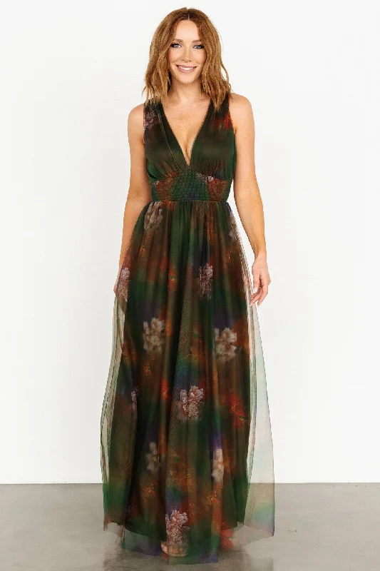 Kamila Tulle Maxi Dress | Olive Multi Floral