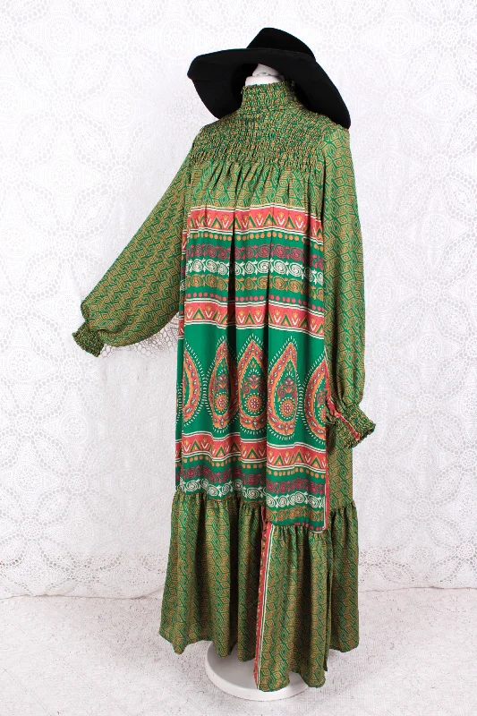 Mona Maxi Dress - Vintage Indian Sari - Emerald & Gold Graphic - Free Size