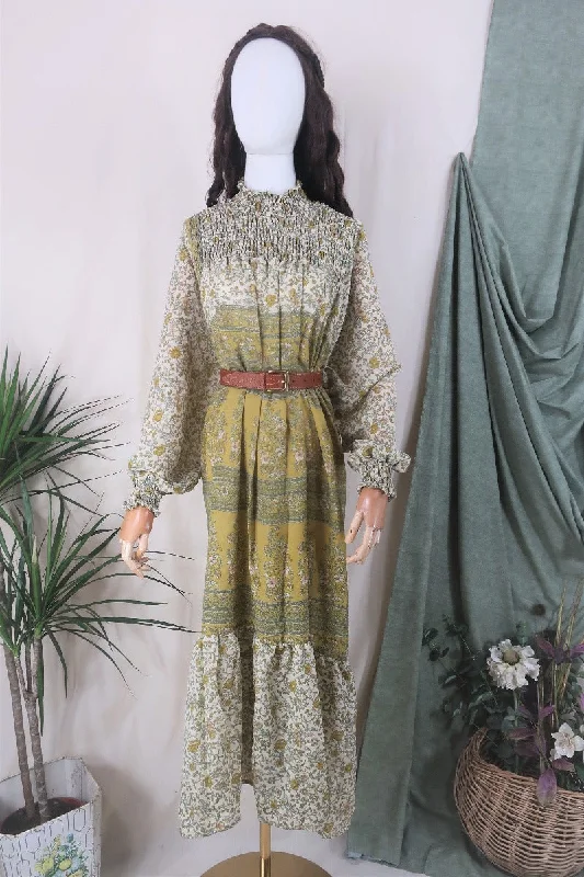 Mona Maxi Dress - Vintage Indian Sari - Parchment & Antique Gold Floral - Free Size