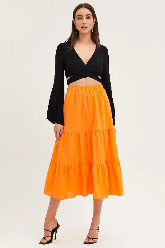 Orange Midi Skirt High Rise