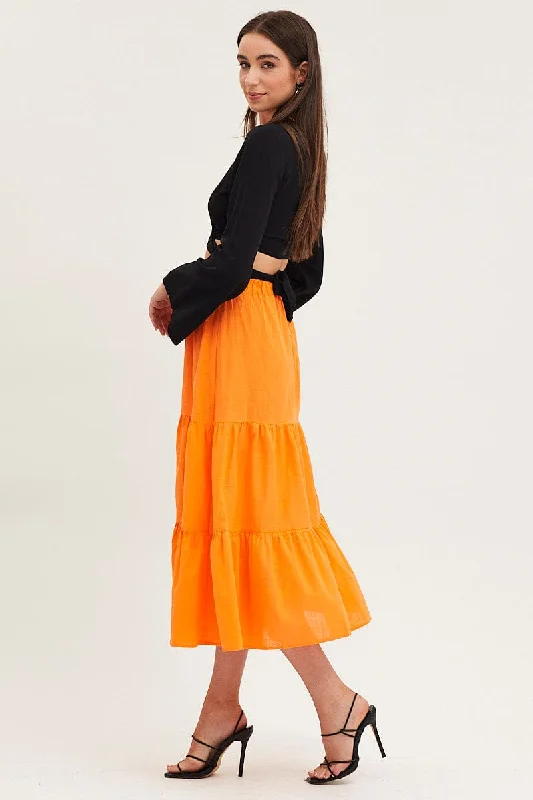 Orange Midi Skirt High Rise