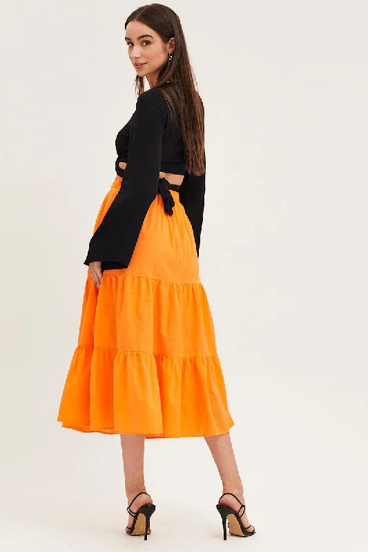 Orange Midi Skirt High Rise